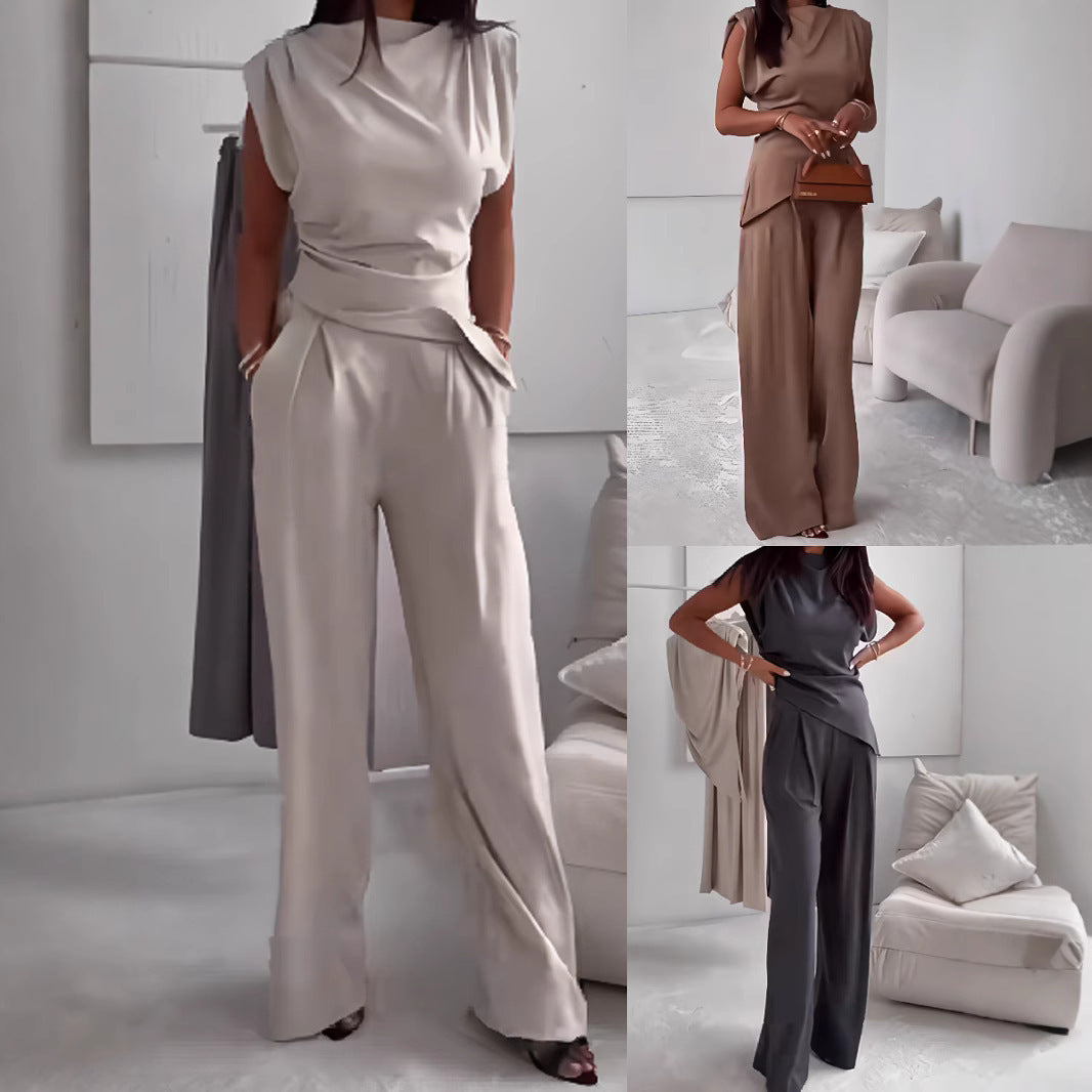 Women's Sleeveless Suit Fashion Slim Irregular Split Top And Straight