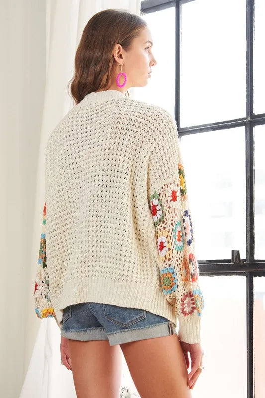 ADORA Crochet Open Front Long Sleeve Cardigan