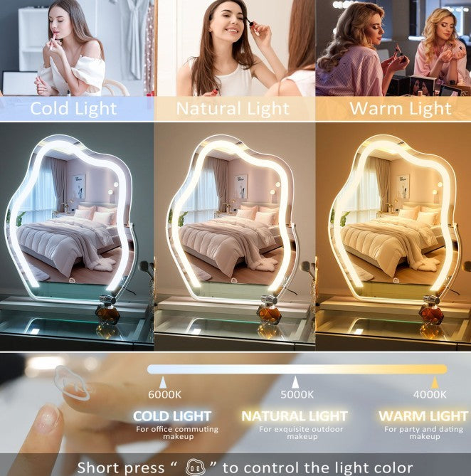 Vanity Makeup Cloud LED Mirror With Lights Strip Smart Control Wall Mount Decor Glass Hanging Removable
