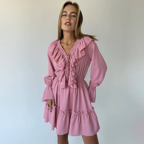 Fashion V Neck Pleated Ruffle Long Sleeve Dress Y2K V Neck Flared
