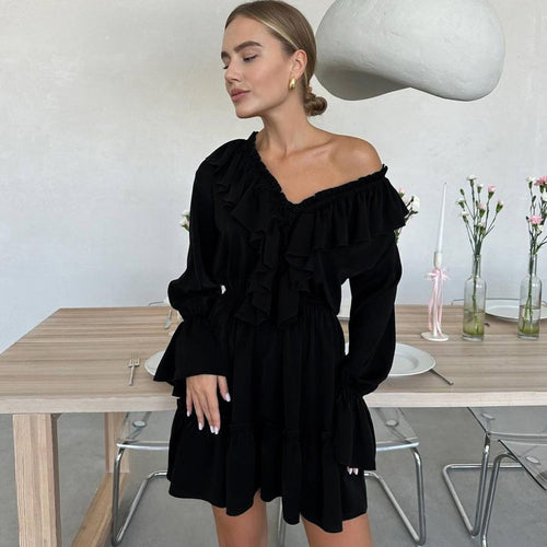 Fashion V Neck Pleated Ruffle Long Sleeve Dress Y2K V Neck Flared