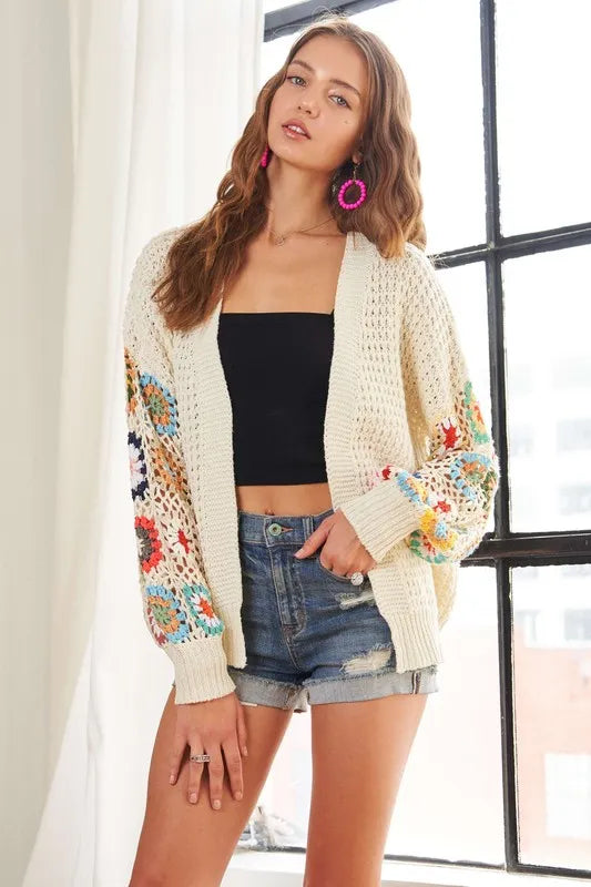 ADORA Crochet Open Front Long Sleeve Cardigan