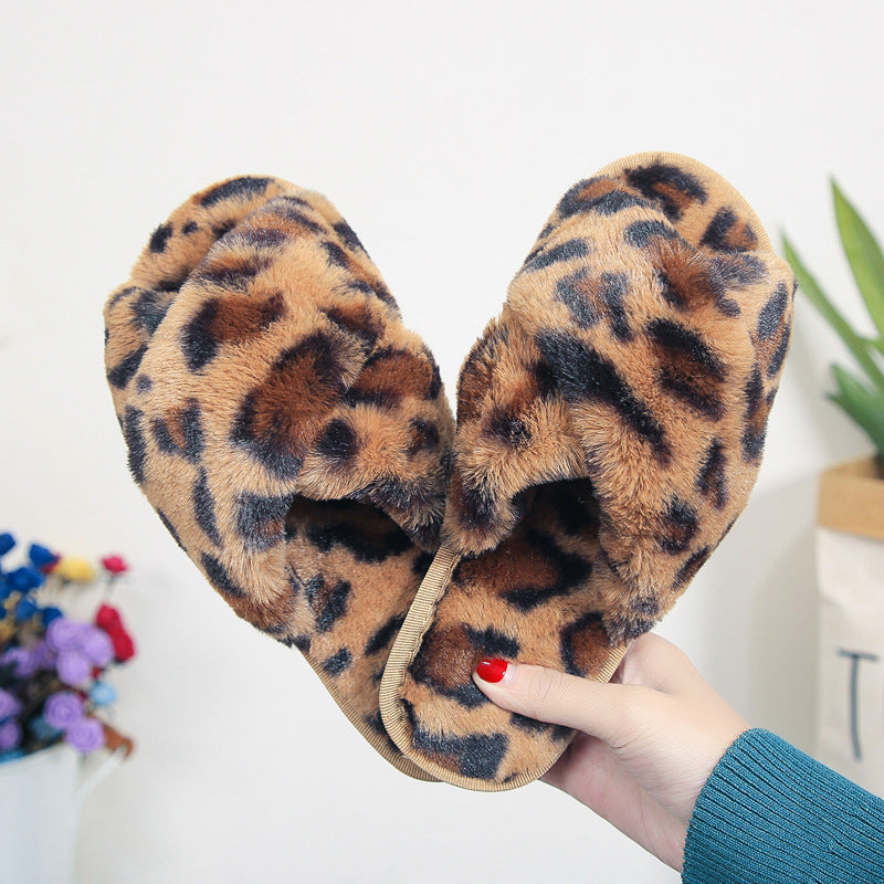 Cross-strap Fuzzy Slippers Leopard Plush House Shoes For Women