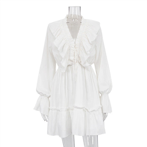 Fashion V Neck Pleated Ruffle Long Sleeve Dress Y2K V Neck Flared