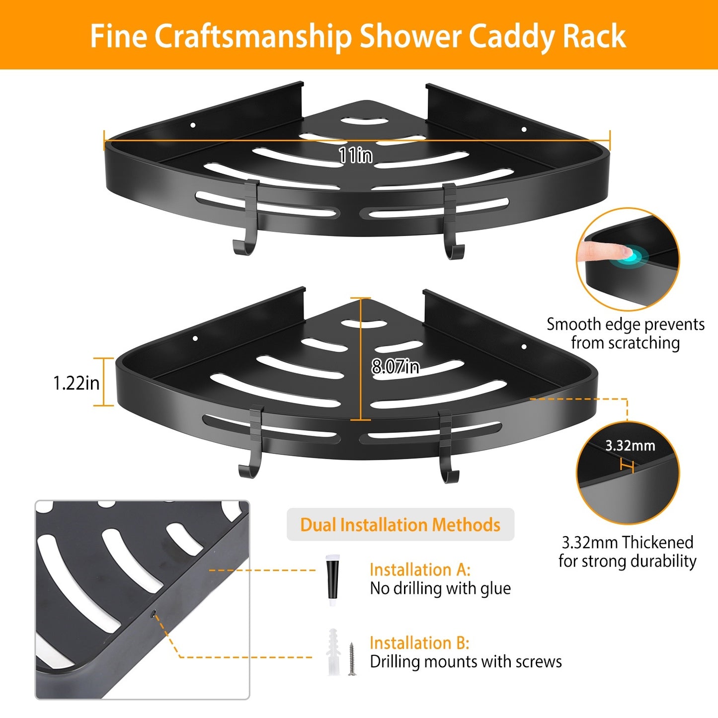 2Pcs Corner Shower Caddy Shelf Adhesive Bathroom Wall Mounted Storage Racks Aluminum Organizers For Bathroom Toilet Kitchen Dorm