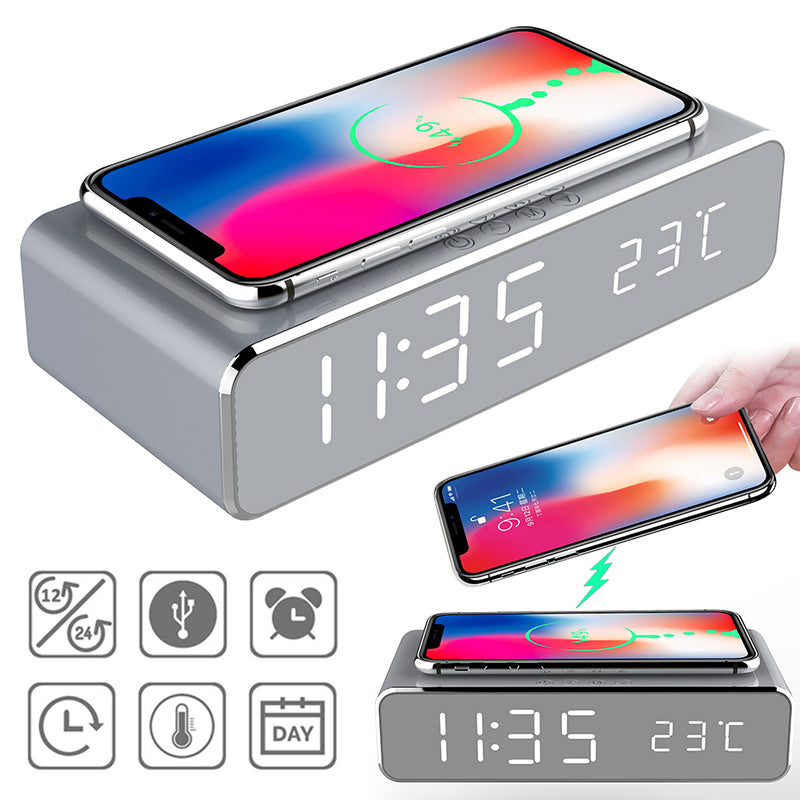 Smart LED Clock with Qi Charging Digital Alarm Display Desktop