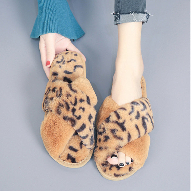 Cross-strap Fuzzy Slippers Leopard Plush House Shoes For Women