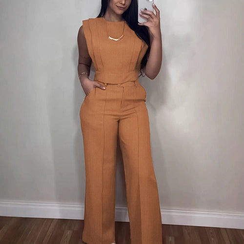 Summer Sleeveless Suit Fashion Round Neck Vest Top And Pocket Straight