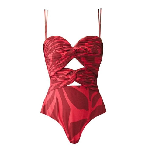 Printing Hollow Out Cutout out Swimsuit Women Vacation Beach