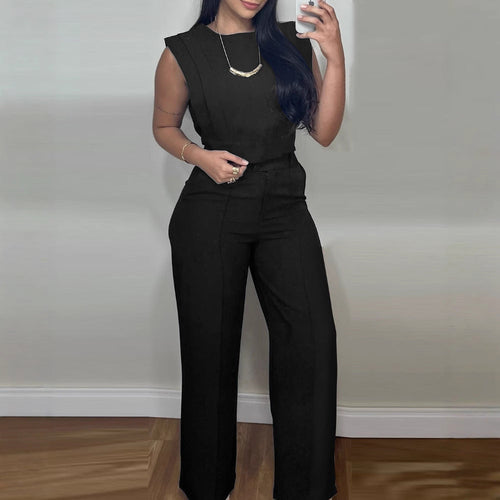 Summer Sleeveless Suit Fashion Round Neck Vest Top And Pocket Straight