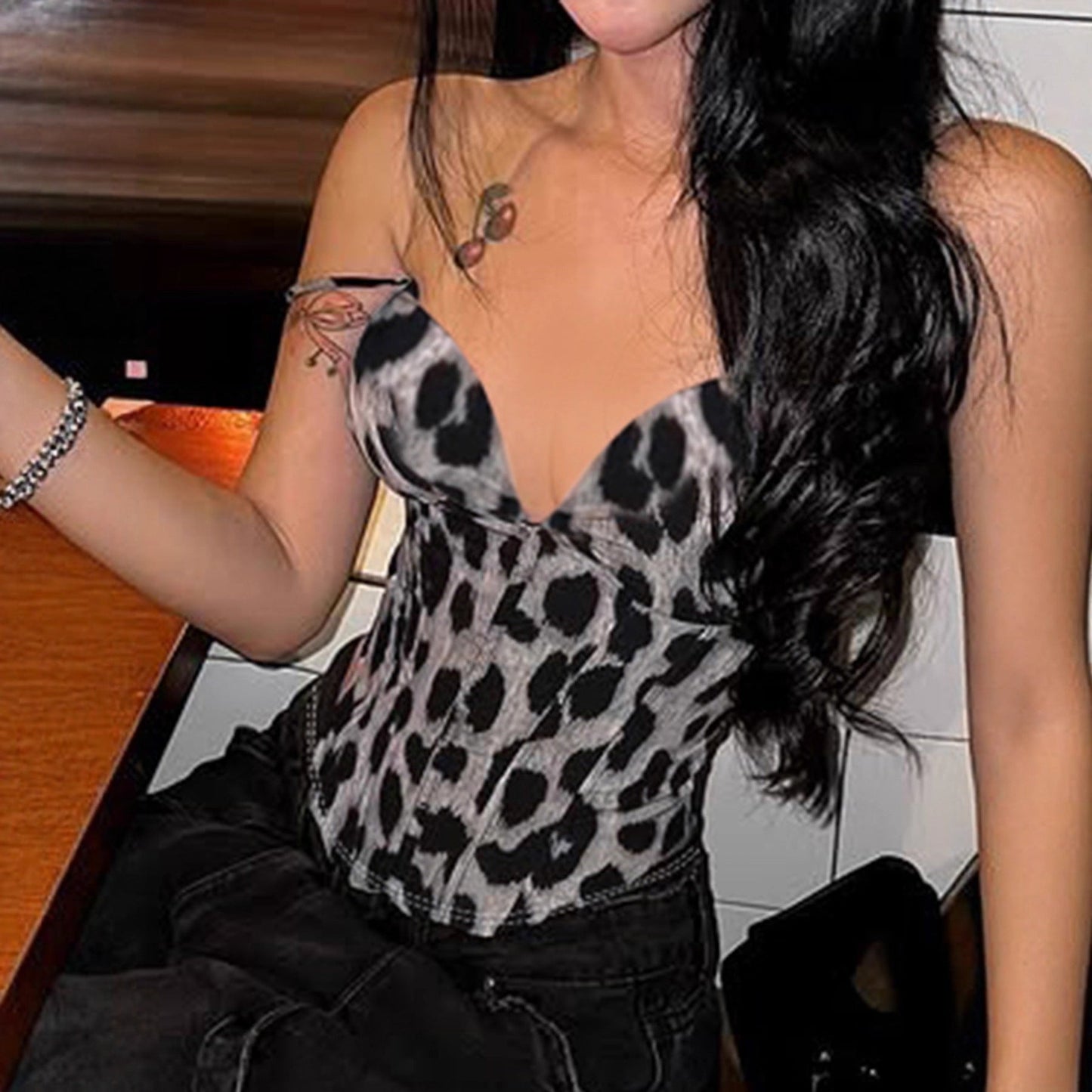 Nightclub Sexy Leopard Print Vest Niche Design Chest V neck Small Slip