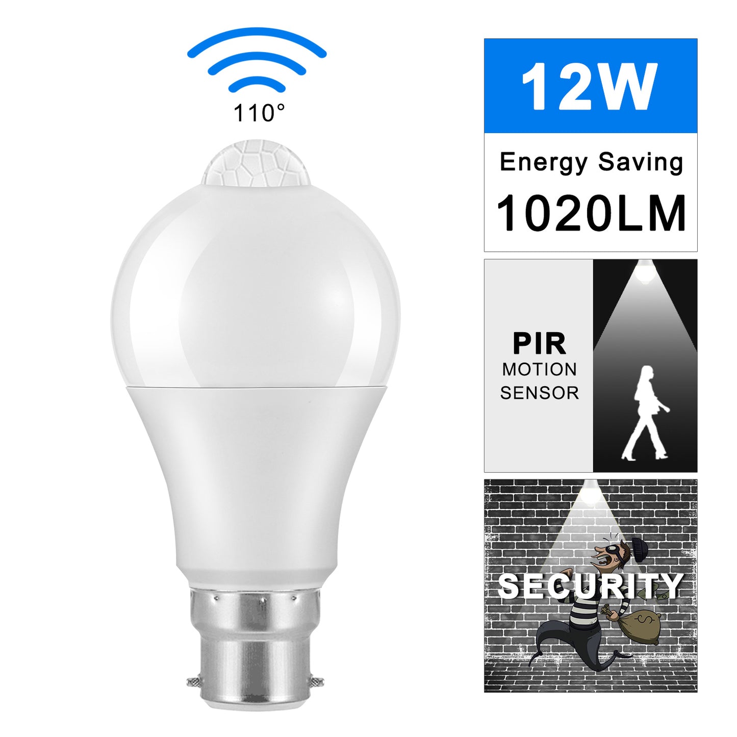 B22 LED Bulb Light Sensor 12W Cool White