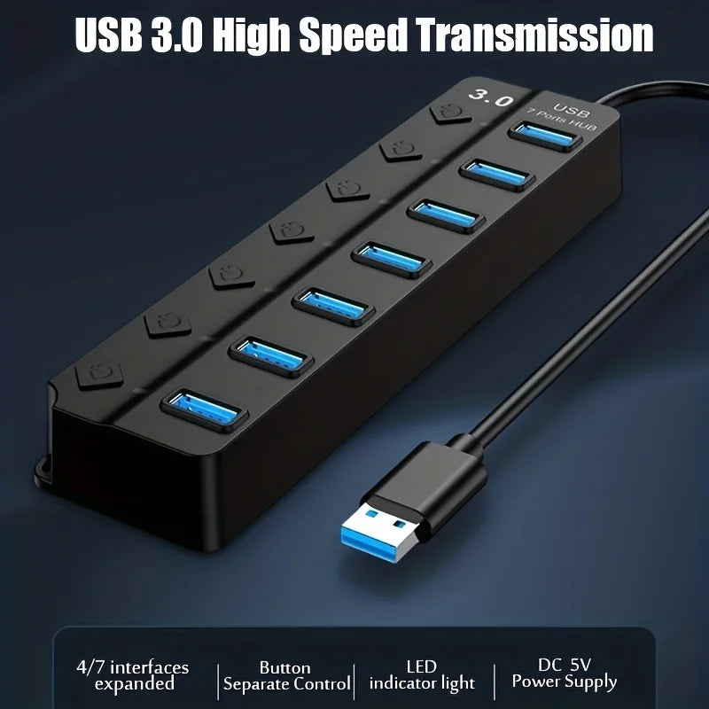 4/7-Port USB 3.0 Hub with LED Indicator Independent Switch Control for