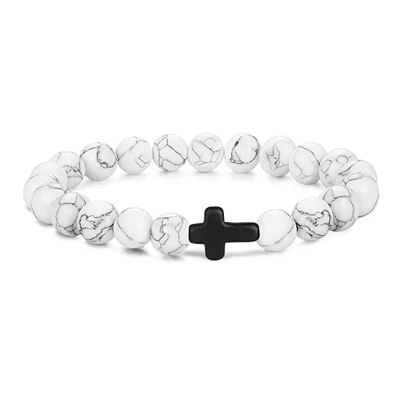 Prayer Men Natural Stone Wood Beads Rosary Hematite Cross Bracelets