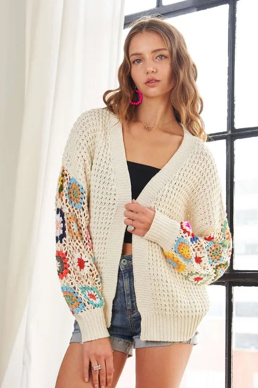 ADORA Crochet Open Front Long Sleeve Cardigan