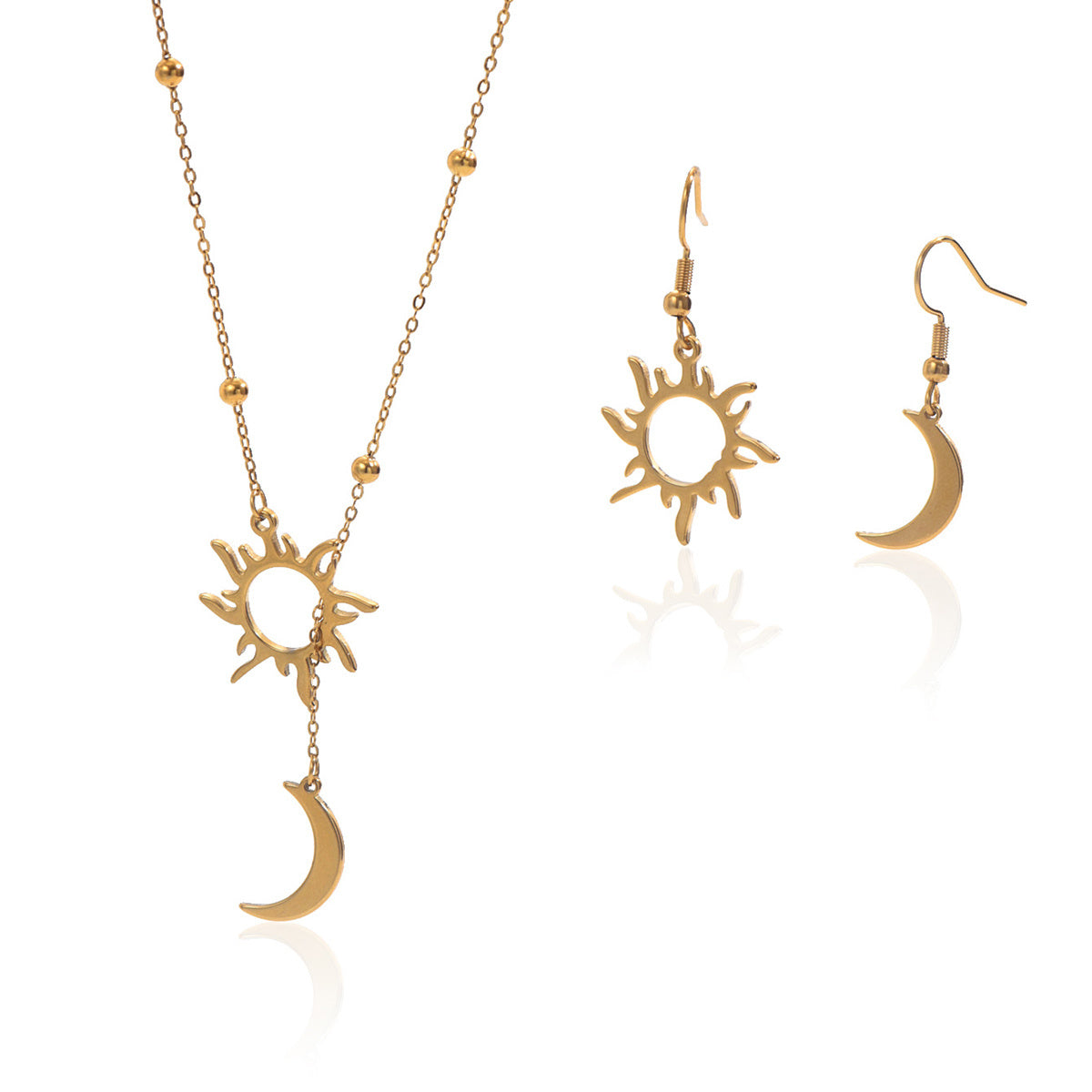 Lxalry 18K Gold Plated Stainless Steel Sun And Moon Pendant Necklace And Hoop Earrings Set For Women