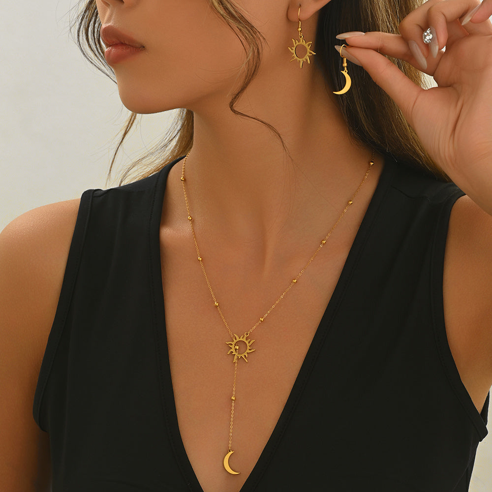 Lxalry 18K Gold Plated Stainless Steel Sun And Moon Pendant Necklace And Hoop Earrings Set For Women