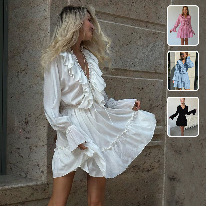 Fashion V Neck Pleated Ruffle Long Sleeve Dress Y2K V Neck Flared