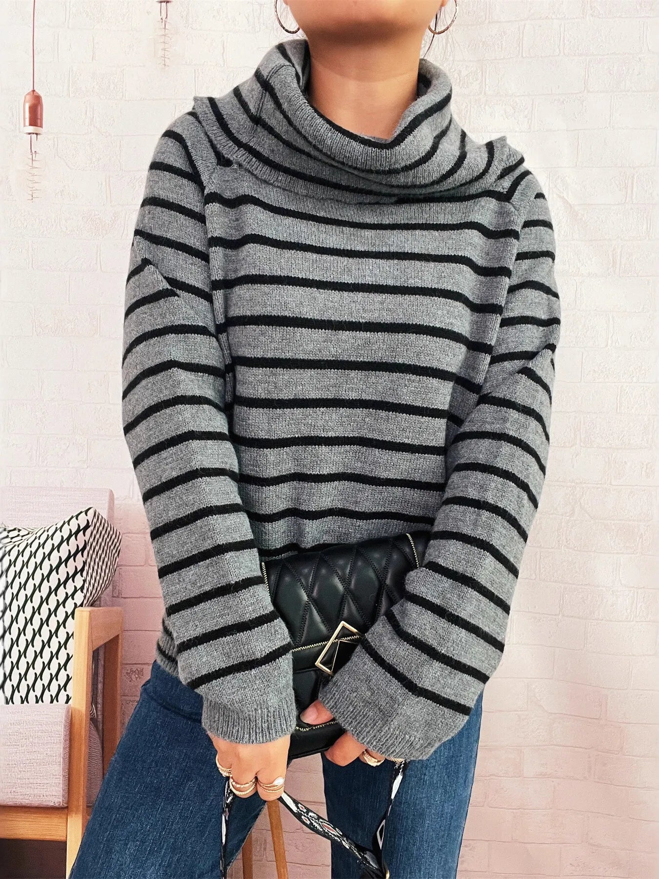 Striped Turtleneck Long Sleeve Sweater