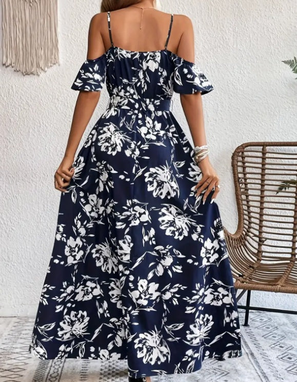 Flower Print Split Suspender Dress With Lace-up Design Summer Fashion