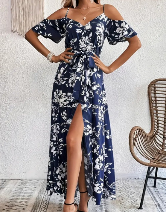 Flower Print Split Suspender Dress With Lace-up Design Summer Fashion