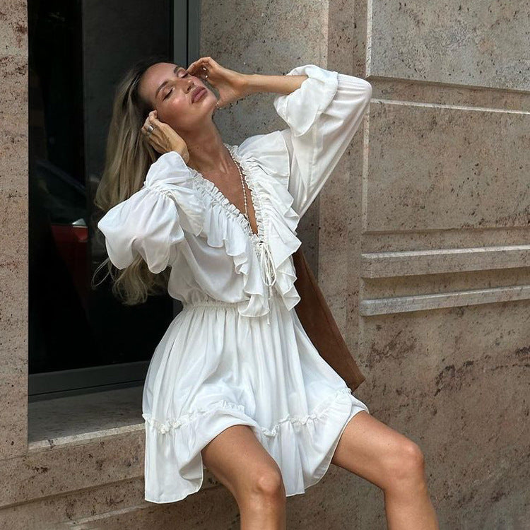 Fashion V Neck Pleated Ruffle Long Sleeve Dress Y2K V Neck Flared