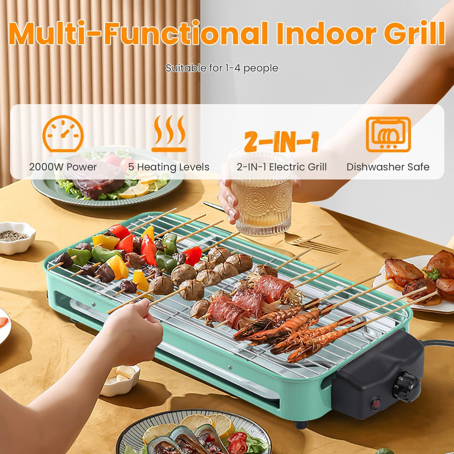 1Pc 2000W Electric Indoor Grill 2 In 1 Electric BBQ Gill With Grill Net Removable Plate 5 Temperature Control 3 Small Trays Dishwasher Safe