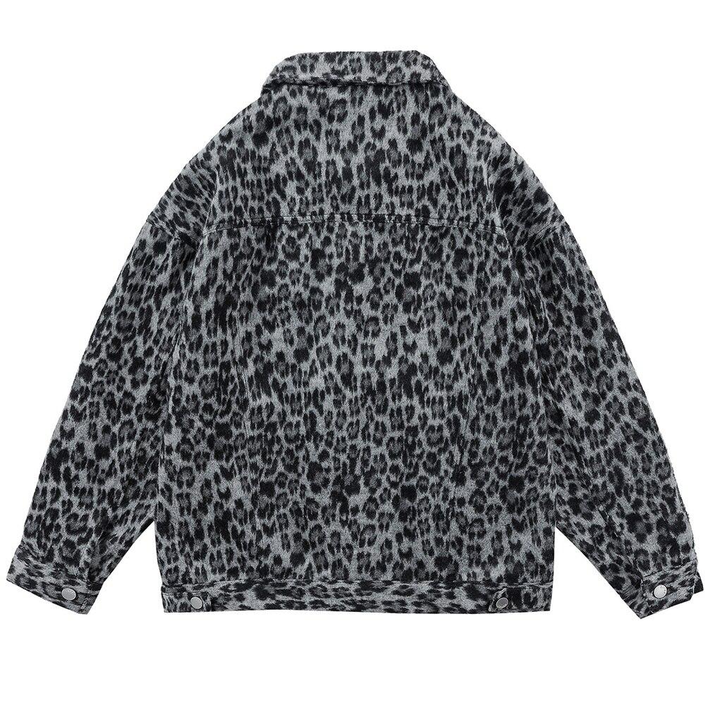 Hip Hop Jacket Coat Men Furry Leopard Print Multi-Pocket Outwear Loose