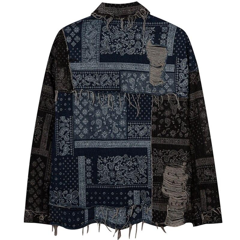 Denim Jacket Men Patch Vintage Totems Turn-down Collar Cowboy Outwear