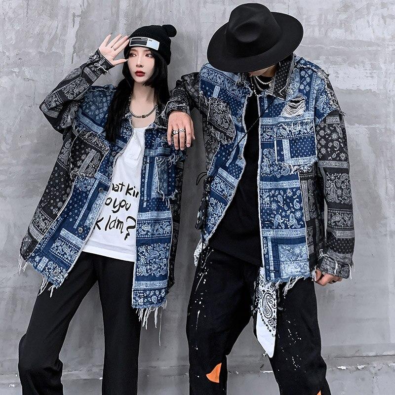 Denim Jacket Men Patch Vintage Totems Turn-down Collar Cowboy Outwear