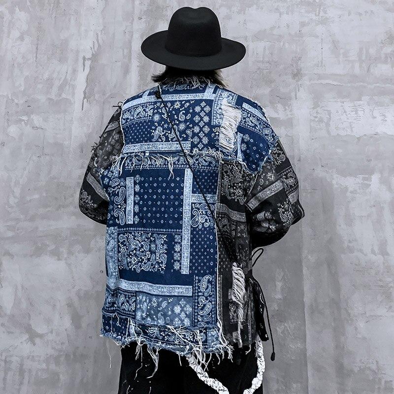Denim Jacket Men Patch Vintage Totems Turn-down Collar Cowboy Outwear