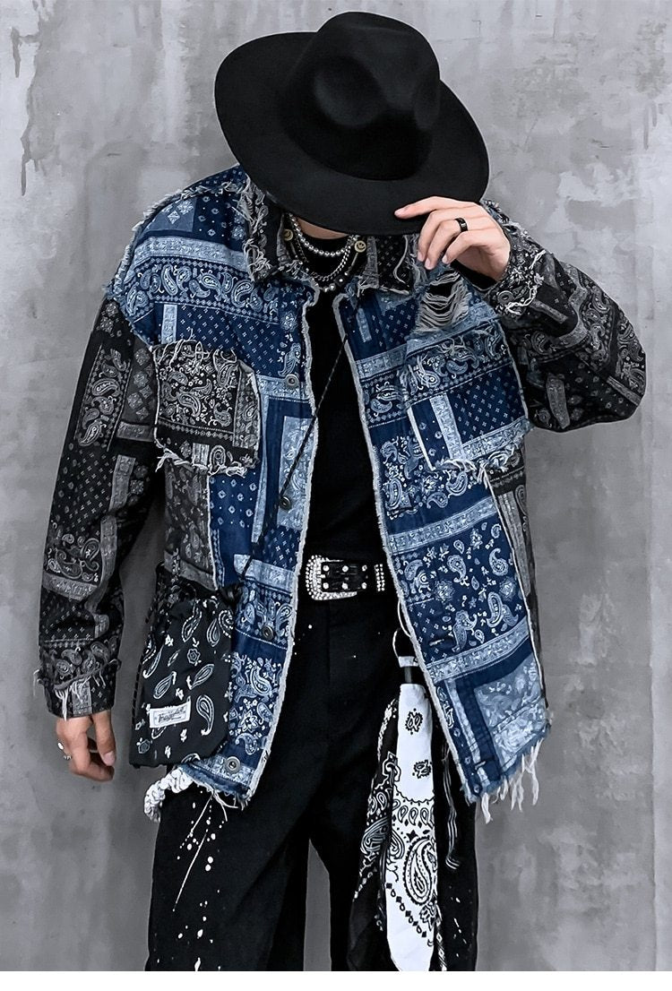 Denim Jacket Men Patch Vintage Totems Turn-down Collar Cowboy Outwear