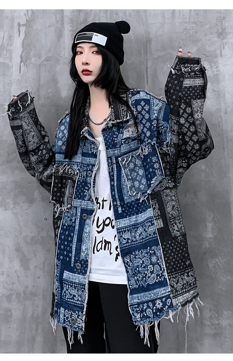 Denim Jacket Men Patch Vintage Totems Turn-down Collar Cowboy Outwear