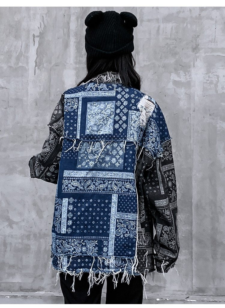 Denim Jacket Men Patch Vintage Totems Turn-down Collar Cowboy Outwear