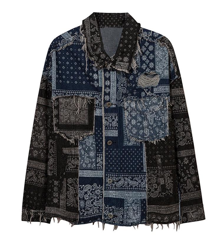 Denim Jacket Men Patch Vintage Totems Turn-down Collar Cowboy Outwear
