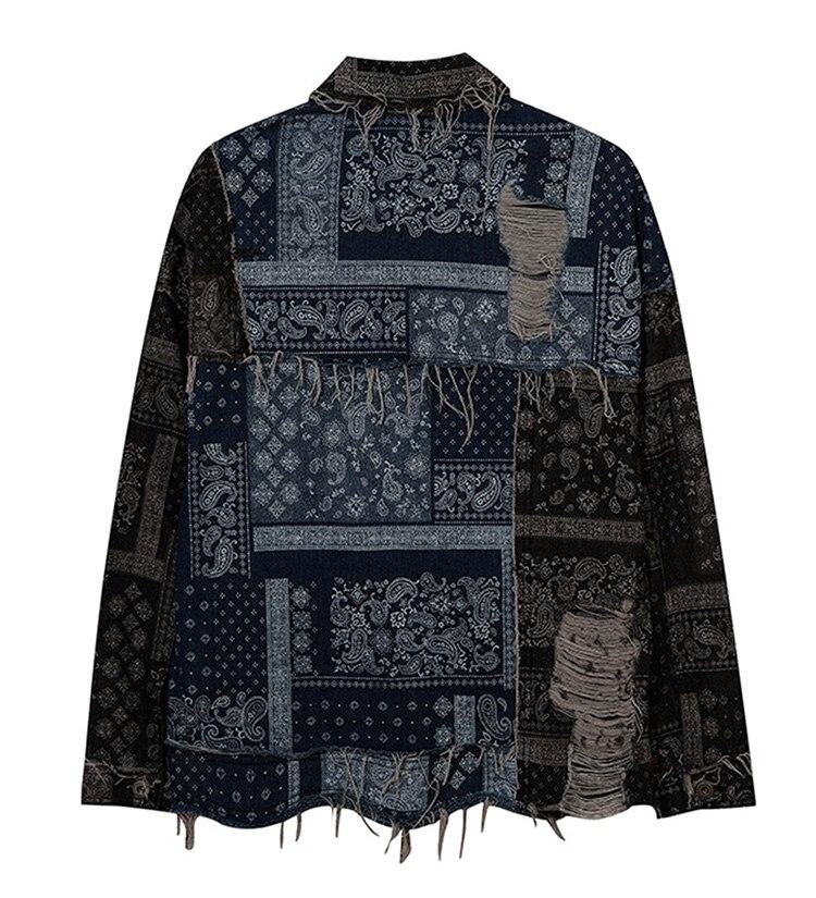 Denim Jacket Men Patch Vintage Totems Turn-down Collar Cowboy Outwear
