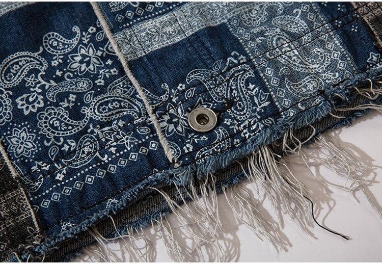 Denim Jacket Men Patch Vintage Totems Turn-down Collar Cowboy Outwear
