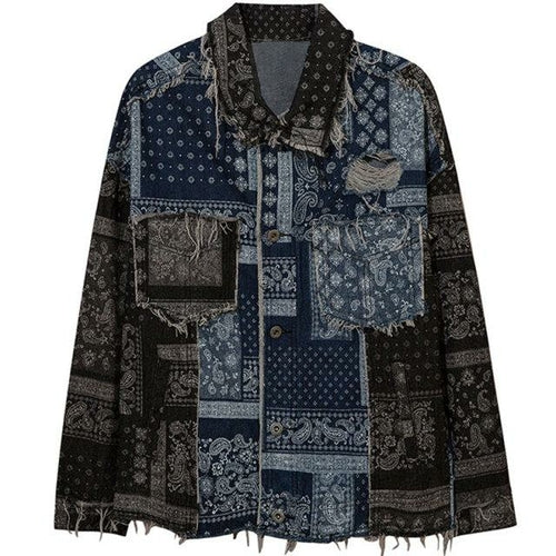 Denim Jacket Men Patch Vintage Totems Turn-down Collar Cowboy Outwear