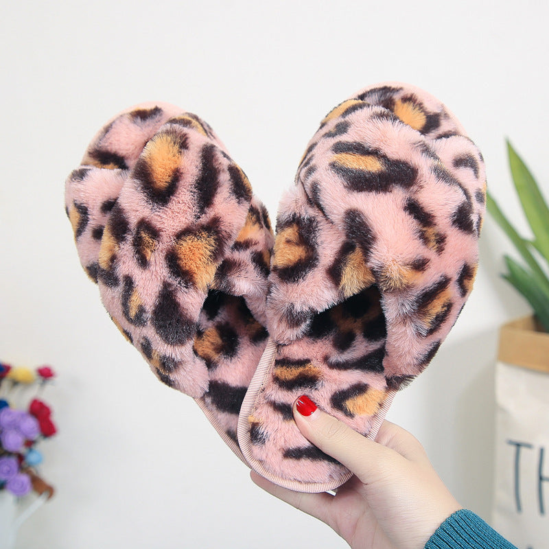 Cross-strap Fuzzy Slippers Leopard Plush House Shoes For Women