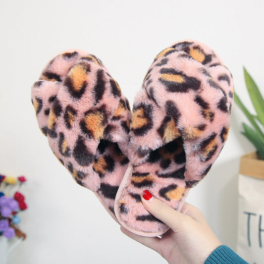 Cross-strap Fuzzy Slippers Leopard Plush House Shoes For Women