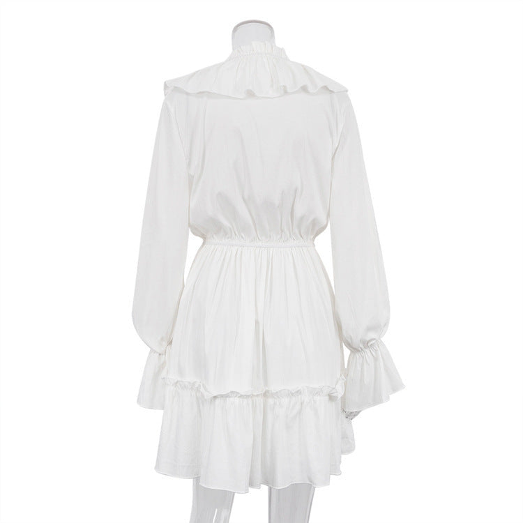Fashion V Neck Pleated Ruffle Long Sleeve Dress Y2K V Neck Flared