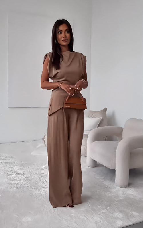 Women's Sleeveless Suit Fashion Slim Irregular Split Top And Straight