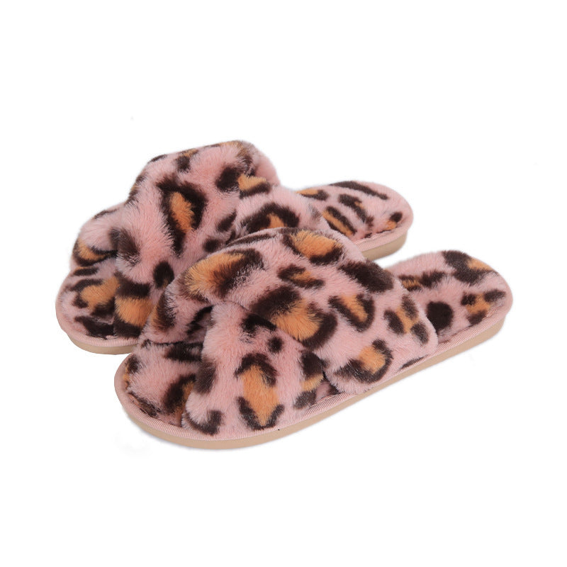 Cross-strap Fuzzy Slippers Leopard Plush House Shoes For Women