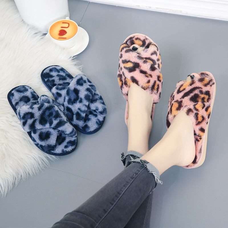 Cross-strap Fuzzy Slippers Leopard Plush House Shoes For Women