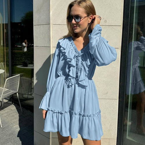 Fashion V Neck Pleated Ruffle Long Sleeve Dress Y2K V Neck Flared