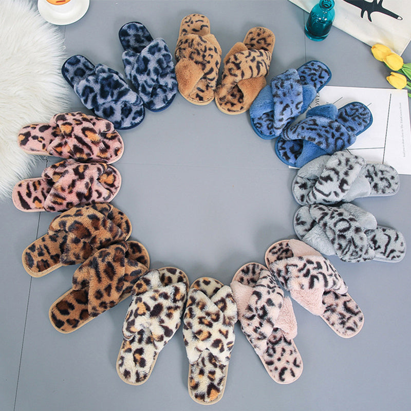 Cross-strap Fuzzy Slippers Leopard Plush House Shoes For Women