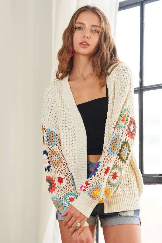 ADORA Crochet Open Front Long Sleeve Cardigan