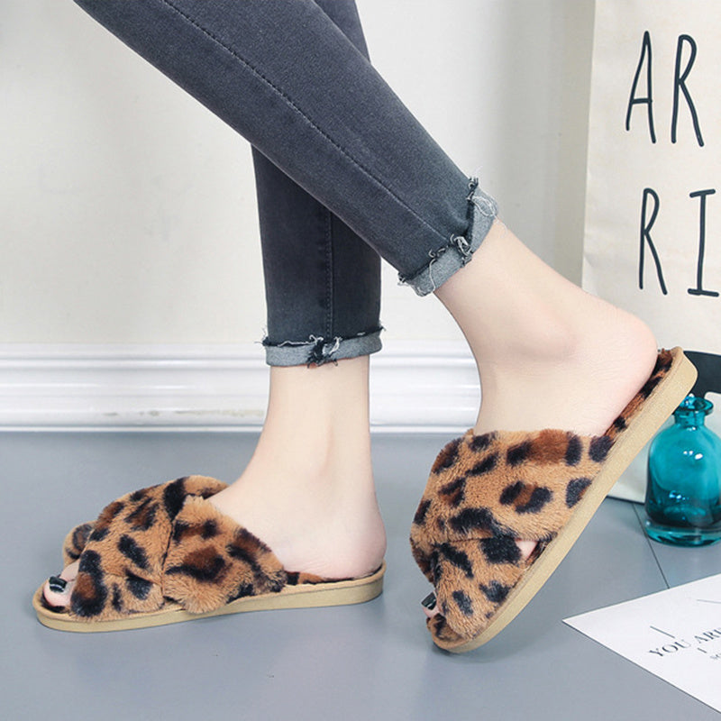 Cross-strap Fuzzy Slippers Leopard Plush House Shoes For Women