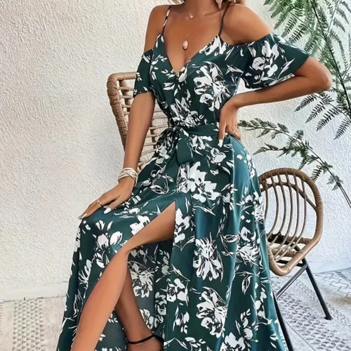 Flower Print Split Suspender Dress With Lace-up Design Summer Fashion