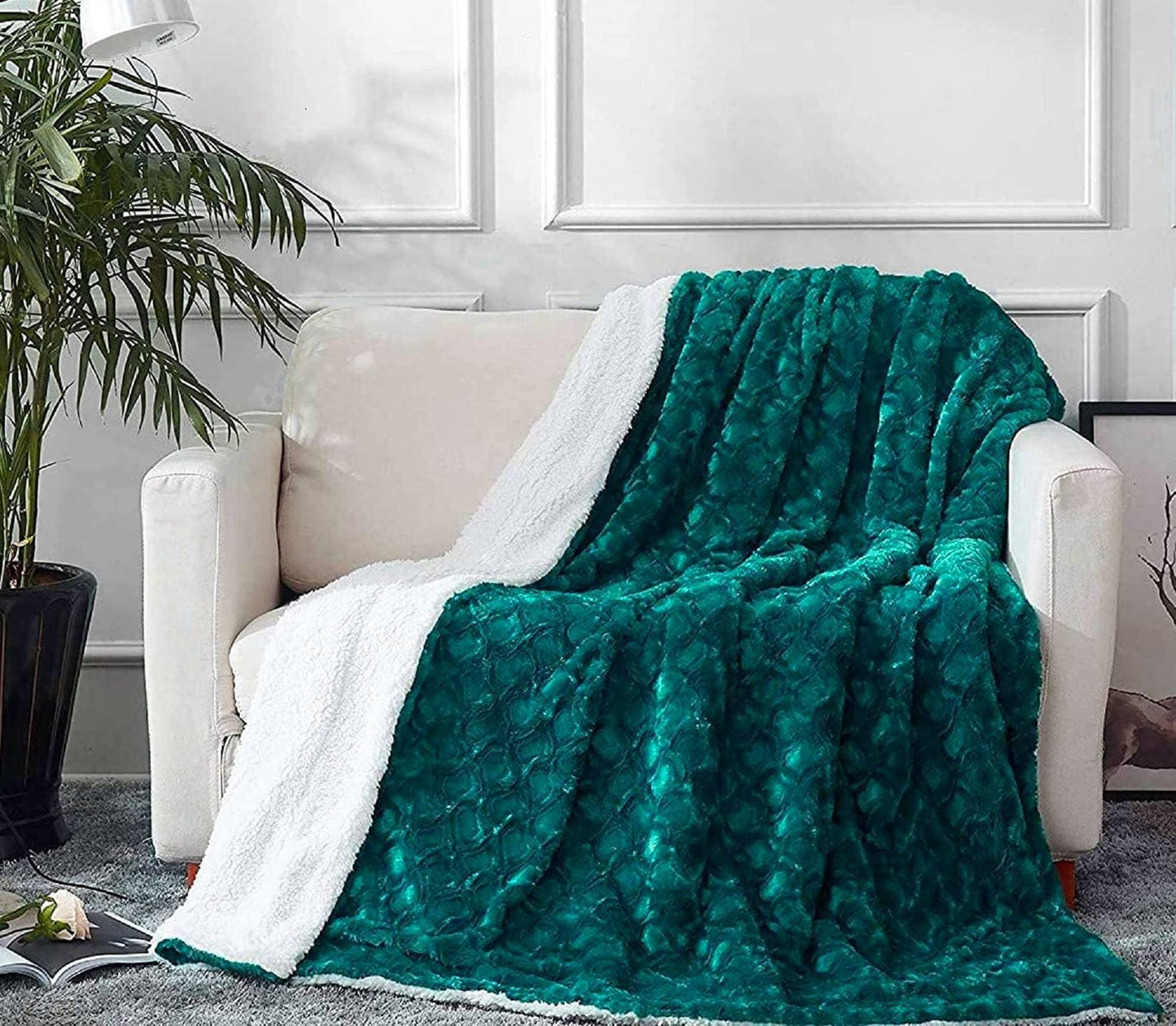 DaDa Bedding Mermaid Scales Emerald Green Blue w/ Sherpa Backside Faux